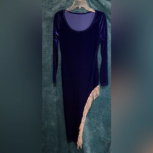 SHEIN Navy Velvet Asymmetrical Dress with Fringe